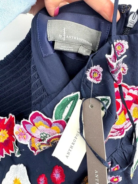 Anthropologie 3D Floral Embroidered Babydoll Mini Dress Navy Size Large - Picture 6 of 11